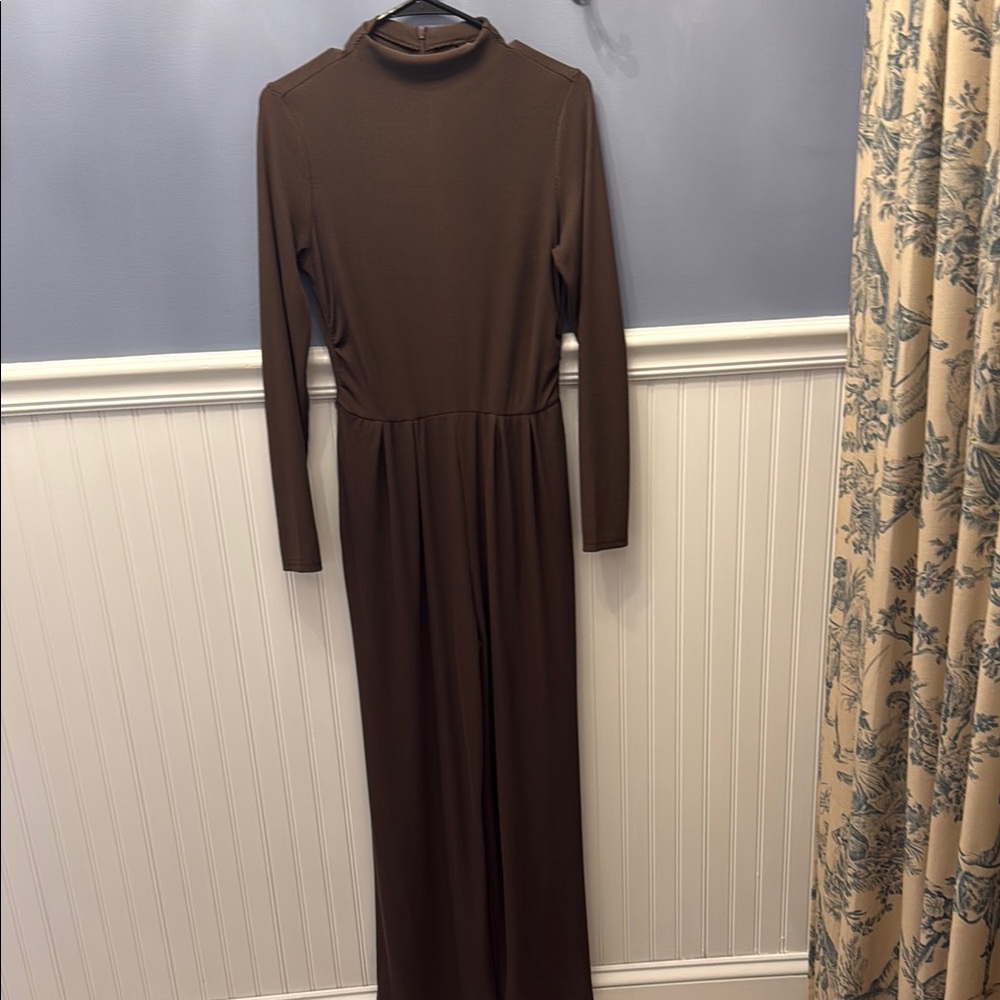 Brown Mock Neck Long Sleeve Jumpsuit